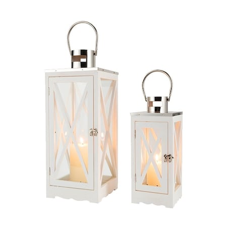 Homeroots Set of Two Clear And White Glass And Solid Wood Floor Lantern Candle Holders, 2PK 719758