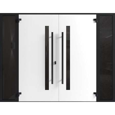 Vdomdoors Front Exterior Prehung Aluminum Double Doors Ronex0144 Grey 2 Sidelights Mirrored Clear Glass Entry RONEX0144DEXD-GRE-W14+72+14xH80-RH-I