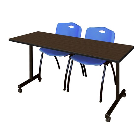 Regency Kobe Mobile T-Base Training Table W/ 2 M Stack Chairs, 72 in W, 24 in L, Neo Walnut MKTRCC7224NW47BE
