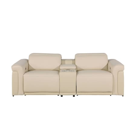Homeroots 86in Cream and Black Italian Leather Power Reclining Loveseat With Storage 720525