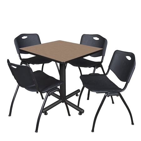 Regency Square Kobe Breakroom Table W/ 4 M Stack Chairs, 30 in W, 30 in L, Noble Oak TKB3030NO47BK