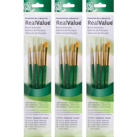 Princeton RealValue Brush Set, Gold Taklon Bristles, Short Handle Mixed Media Paintbrush, 4-Piece Set, 3PK PR9115