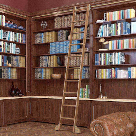 Quiet Glide 9.92 ft. Walnut Sunburst Wheel Brushed Satin Brass Rolling Ladder, 12 ft. Rail QG.210-10WA-12-H.06B