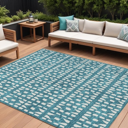 Homeroots 8' X 10' Teal Blue And Ivory Geometric Washable Indoor Outdoor Area Rug 613810