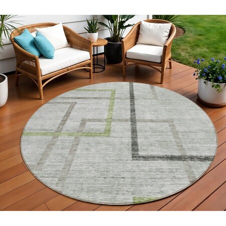 Homeroots 8' Green And Charcoal Round Geometric Washable Indoor Outdoor Area Rug 588334