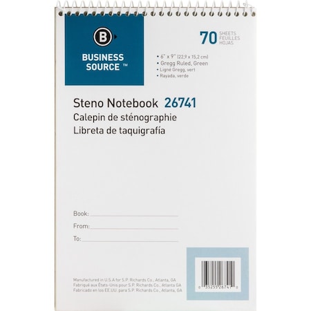 Business Source Steno Notebook, Green BSN26741