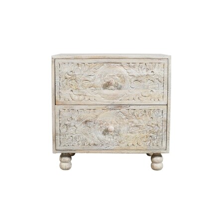 Homeroots 24" Natural And White Solid Wood Distressed Carved Scrollwork Two Drawer Nightstand 555405
