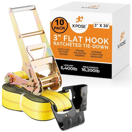 Xpose Safety Heavy Duty Ratchet Straps with Flat Hooks Yellow 3in x 30ft for Cargo Securing, 10PK RTD330-FH-10-X-S