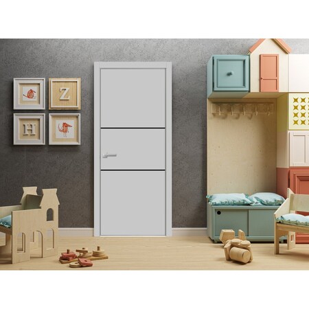 Sartodoors Modern Wood Interior Door with Hardware, Planum 0014 Matte Grey and Aluminum Strips, Single Panel F PLANUM0014ID-GRE-18