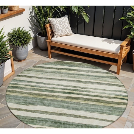 Homeroots 8' Sage And Beige Round Striped Washable Indoor Outdoor Area Rug 605905