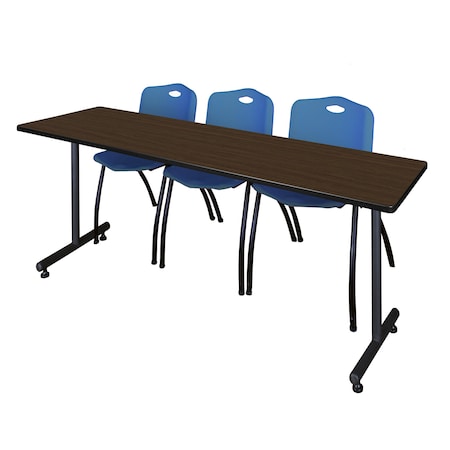 Regency Kobe T-Base Training Seminar Table W/ 2 M Stack Chairs, 84 in W, 24 in L, Neo Walnut MKTRCT8424NW47BE