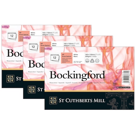 St Cuthberts Bockingford Watercolor Pad, Hot Pressed, White, Glue Binding, 140lb/300gsm, 12 Sheet, 7x5 inch, 3PK T45330001011A