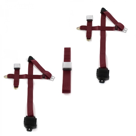 Geared2Golf Airplane 3 Point Burgundy Retractable Bench Seat Belt Kit for Ford Truck 1967-1979 - 3 Belts GE1569963