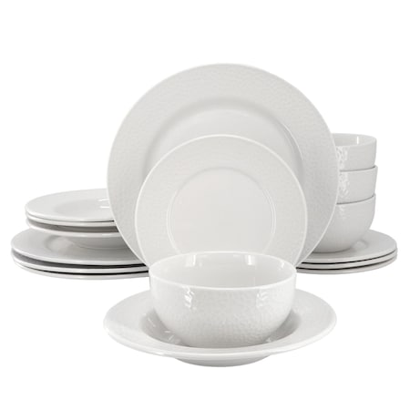 Elama Soyer 16 Piece Textured Design Double Bowl Porcelain Dinnerware Set in White ELM-SOYER16