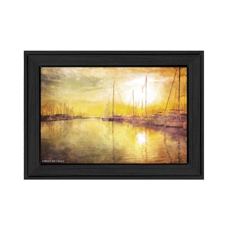 Homeroots Yellow Sunset Boats In Marina Black Framed Print Wall Art 529607