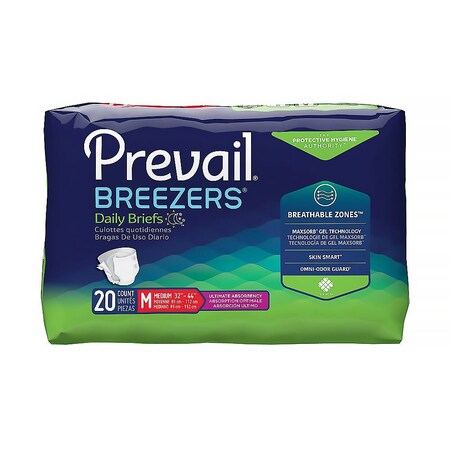 Prevail Breezers Unisex Adult Incontinence Brief Medium Disposable Heavy Absorbency, 20PK PVB-012/3