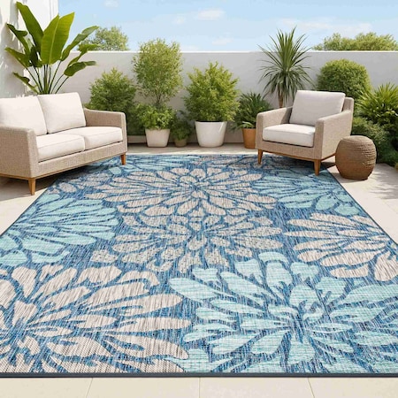 Jonathan Y Zinnia Modern Floral Textured Weave Navy/Aqua 5 ft. x 8 ft. Indoor/Outdoor Area Rug SMB110C-5
