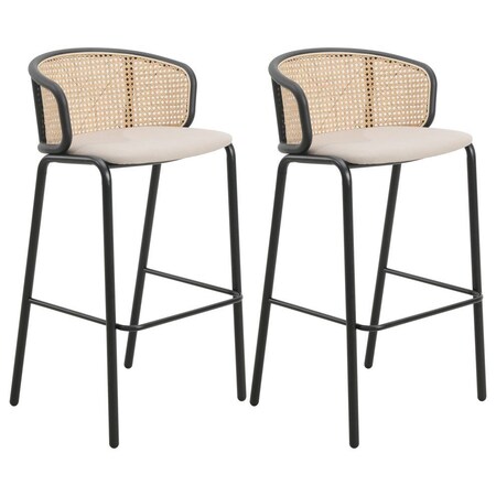 Leisuremod Ervilla Wicker Bar Stool with Fabric Seat and Black Powder Coated Steel Frame, Beige, 2PK EBBL-31BG2