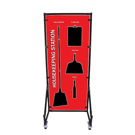 5S Supplies Housekeeping Shadow Board Broom Station V13, Red, Kit + Stand HSB-V13-RED-KIT-STAND