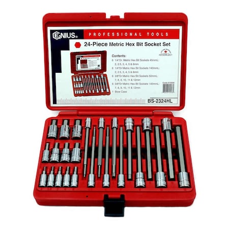 Genius Tools 24PC 1/4 & 3/8in Dr. Metric Long Hex Bit Socket Set BS-2324HL