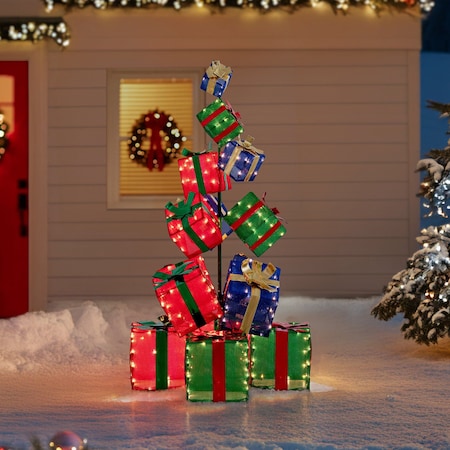 Sunjoy 63 in. Christmas Lighted Stacked Gift Box, 3D Tinsel Santa Stacked Gift Box Outdoor Garden Yard D116020000
