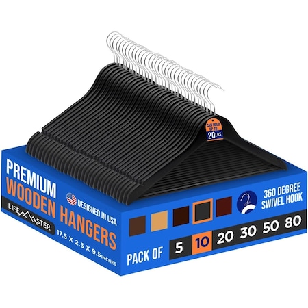 Lifemaster Wooden Hangers, Swivel Hook, Non-Slip, Pants Bar, Holds 10 lbs, Cherry, 10PK LMWD10CRY