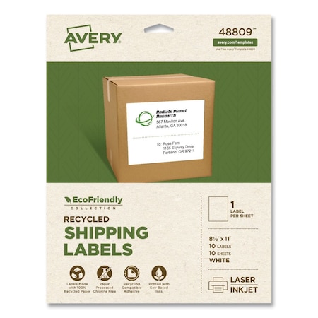 Avery EcoFriendly Recycled Shipping Labels, Inkjet/Laser, 8.5 x 11, White, 1/Sheet, 10PK 48809
