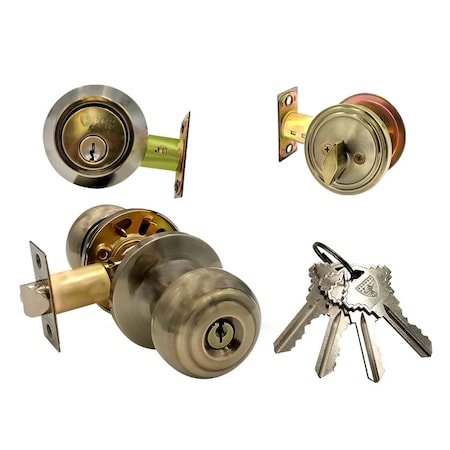 Ecs Hardware Durable Combo Lockset w/ Single Knob & Deadbolt, Entrance, Antique Bronze, Grade 3 SC1 ECSH-37805-AB-SC1