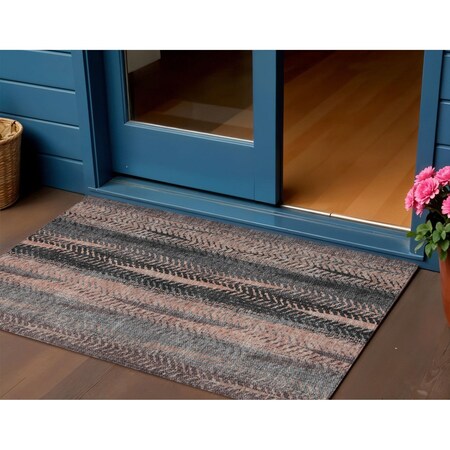Homeroots 3' X 5' Blue Charcoal And Copper Botanical Leaves Washable Indoor Outdoor Area Rug 581948