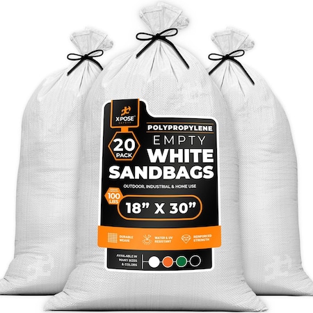 Xpose Safety Woven White Polypropylene Sandbags, 18x30 in, 50 lb Capacity, Reusable Flood Protection, 20PK SBW-1830-20-X