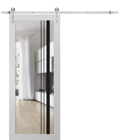 Sartodoors Sturdy Barn Door Clear Tempered Glass, Lucia 2566 White Silk and Aluminum Strips, 6.6FT Silver Rai LUCIA2566BD-S-WS-36 x 96
