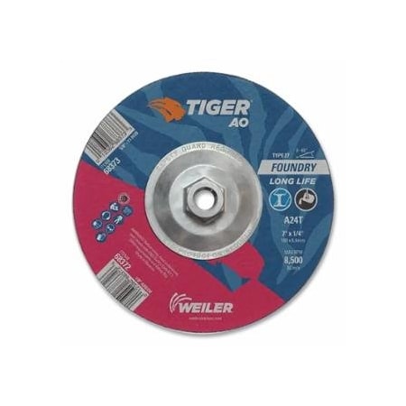 Weiler Tiger Grinding Wheel, 7 in dia x 1/4 in Thick x 5/8 in-11 Arbor, 24 Grit, Aluminum Oxide, Type, 10PK 804-68373