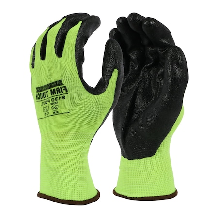 Firm Touch Hi-Viz Green Nitrile Foam Coated Gloves, Seamless, Durable L, 12PK 5130FG L