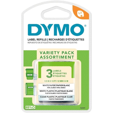 Dymo Paper/Plastic Label Tape, 0.5"x13 ft., PK3 12331