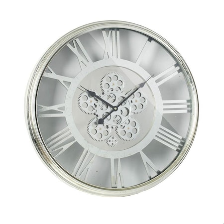Homeroots 21" Circle Silver Metal and Glass Analog Exposed Gear Wall Clock 485976