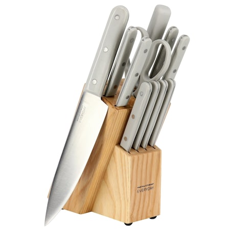 Martha Stewart Everyday 12 Piece Stainless Steel Cutlery and Wood Block Set in Light Grey 131724.12