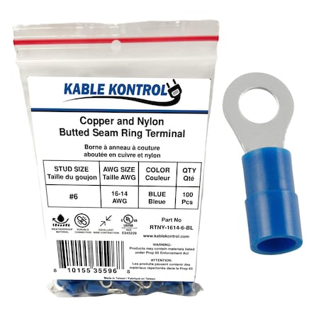 Kable Kontrol Copper and Nylon Butted Seam Ring Terminal, 16-14 AWG, Stud Size # 6, Blue, 100 Pcs, 100PK RTNY-1614-6-BL