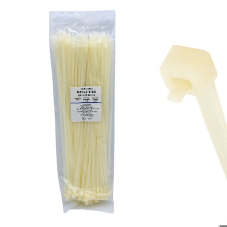 Cable Ties Unlimited Pawl Releasable Cable Tie, 14 in L, 50 lb Strength, 4 in Max Bundle Dia, Nylon 6/6, Natural, 100PK RT14-50-9C-.19