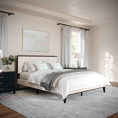 Martha Stewart Jett Queen Size Solid Wood Platform Bed w/Upholstered Base/Inset Paneled Headboard, Dark Brwn/Beige MG-0900271F-Q-DKBRN-BG-MS