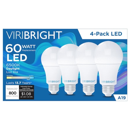 Viribright A19 E26 60W Equivalent 6500K, 4PK 640340-4