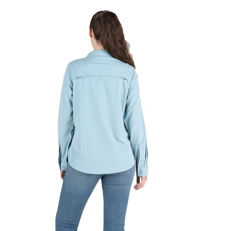 Berne Flex180 Womens Small Heathered Eggshell Blue UPF Button Down Long Sleeve Shirt WSH34HESBR360