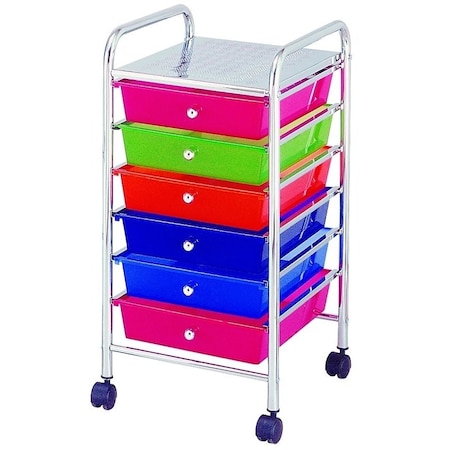 Simple Spaces Storage Cart, 13 in OAW, 26 in OAH, 15-3/8 in OAL, 6-Shelf, Blue/Green/Orange/Pink Shelf G006-CH