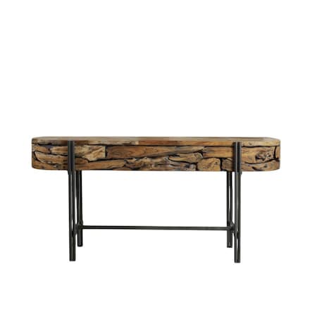 Homeroots 55" Natural and Charcoal Reclaimed Wood and Metal Oval Trestle Console Table 716258