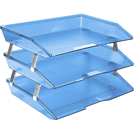 Acrimet Facility 3 Tier Letter Tray Side Load Letter Size Desktop File Organizer Plastic Clear Blue 255.2