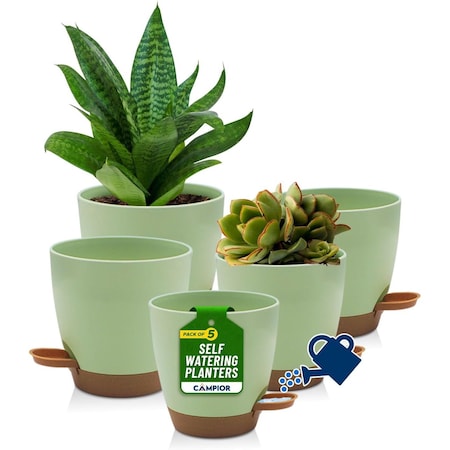 Campior Green Self Watering Pots, Indoor and Outdoor Plant Pots with Wick Rope and Drainage Holes, 5PK CAMPPLTGR055