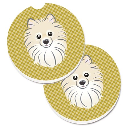 Carolines Treasures Tan Checkered Pomeranian Set of 2 Cup Holder Car Coaster BB1135CARC