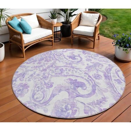 Homeroots 8' Lavender Ivory And Purple Round Paisley Washable Indoor Outdoor Area Rug 588650