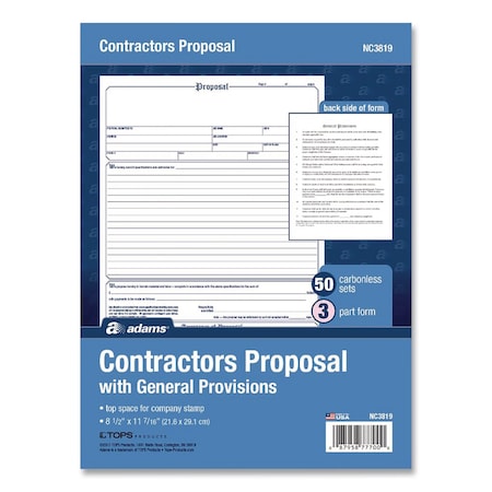 Adams Business Forms ContratrPropsl, Frm, 3Part, 8-1/2"x11", PK50 NC3819