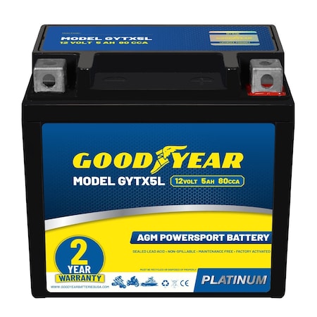 Goodyear GYTX5L - 12 Volt 5 AH, 80 CCA, Rechargeable High-Performance, SLA - AGM Battery GY4140756