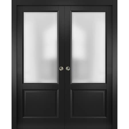 Sartodoors Sliding French Double Pocket Doors 60 x 84 inches, Lucia 22 Matte Black with Rain Glass, Kit Trims LUCIA22DP-BLK-6084